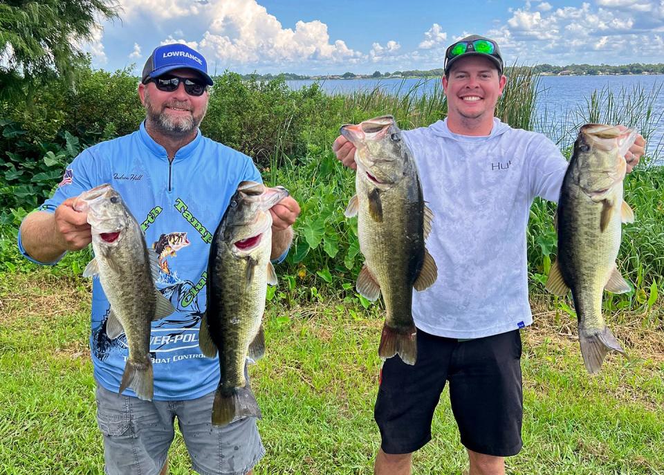 Andrew Hall, left and Will Brown had 20.05 pounds and also big bass with a 6.30 pounder to win the Bass Bandits of Brandon tournament August 20 on the Winter Haven Chain of Lakes.