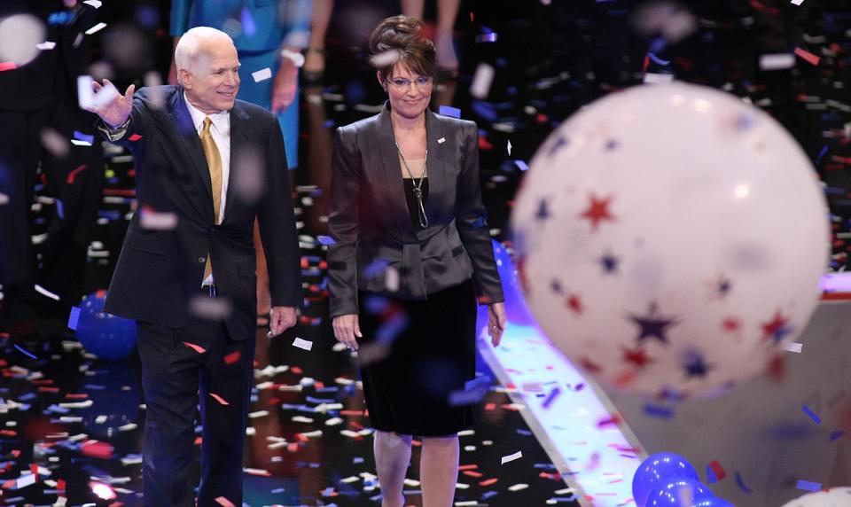 <p>McCain and his vice presidential running mate, Alaska Gov. Sarah Palin, at the Republican National Convention in St. Paul. Minnesota on September 4, 2008. Two months later, Barack Obama defeated McCain in the general election. </p>