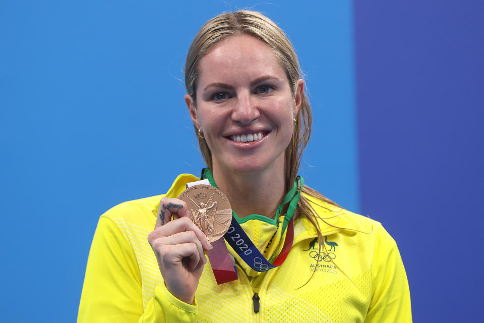 Seen here, Olympic silver medalist Emily Seebohm poses on the podium during the medal ceremony for the  Women's 200m Backstroke Final at the Tokyo Games. 