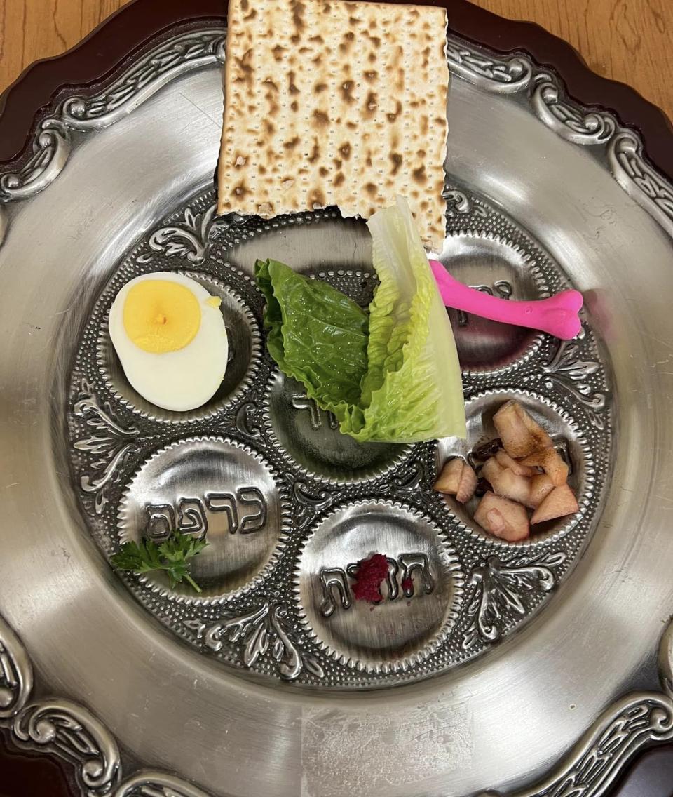 The Seder plate with traditional Passover foods.