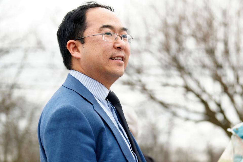 Andy Kim speaks with supporters outside the International Brotherhood of Electrical Workers Hall, Local 164, where the Bergen County Democratic Party Convention is being held, Monday, March 4, 2024, in Paramus