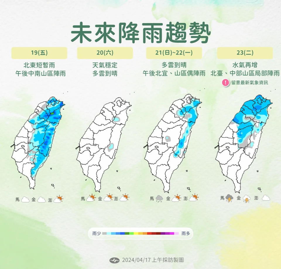 <strong>受鋒面變化影響，本週五和下週都將有較大降雨範圍。（圖／中央氣象署提供）</strong>