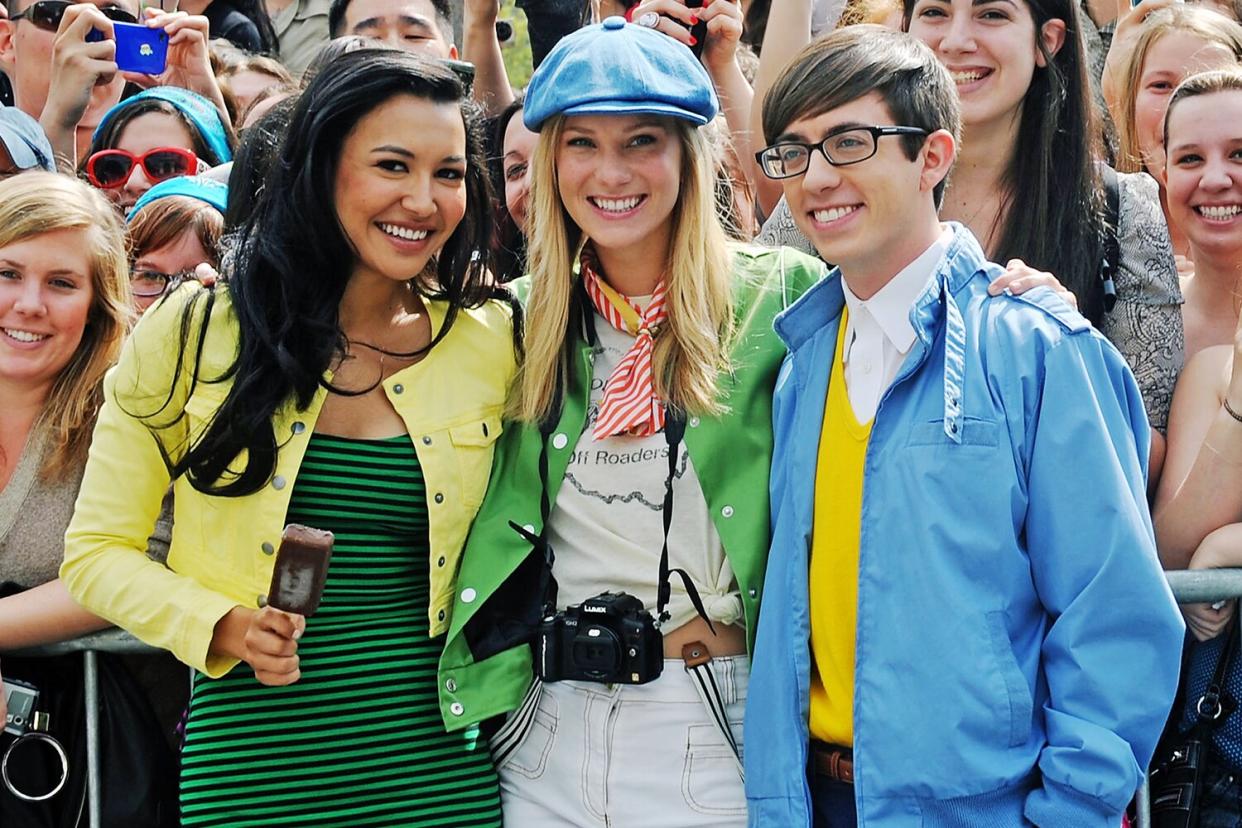 NEW YORK, NY - APRIL 29: Naya Rivera, Heather Morris and Kevin McHale on location for "Glee' on the streets of Manhattan on April 29, 2011 in New York City. (Photo by Bobby Bank/WireImage)