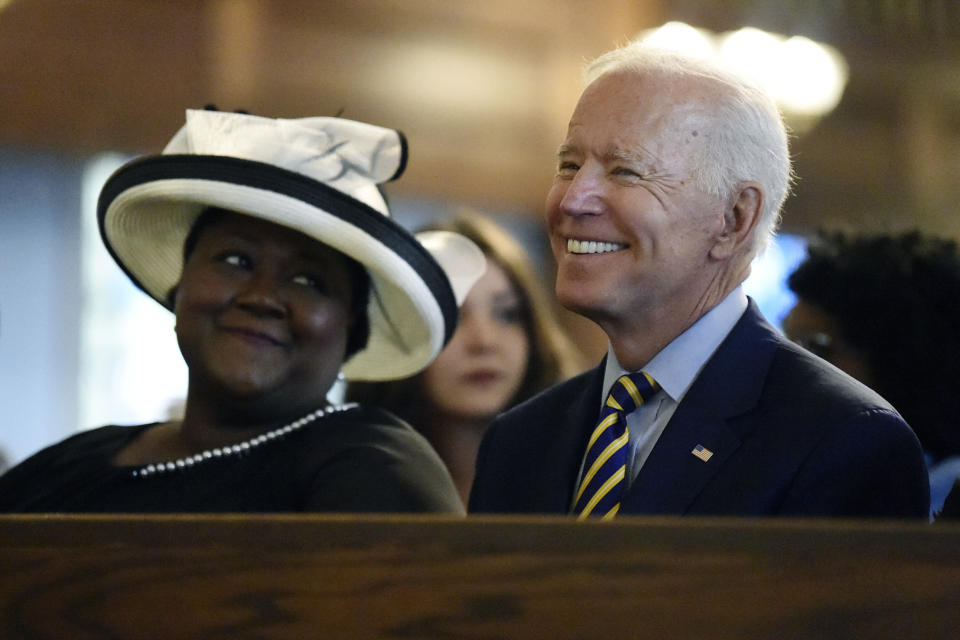 FILE - In this July 7, 2019, file photo, Democratic presidential candidate and former Vice President Joe Biden attends a Sunday service at Morris Brown AME Church in Charleston, S.C. Democrats are betting on Biden’s evident comfort with faith as a powerful point of contrast in his battle against President Donald Trump.(AP Photo/Meg Kinnard, File)