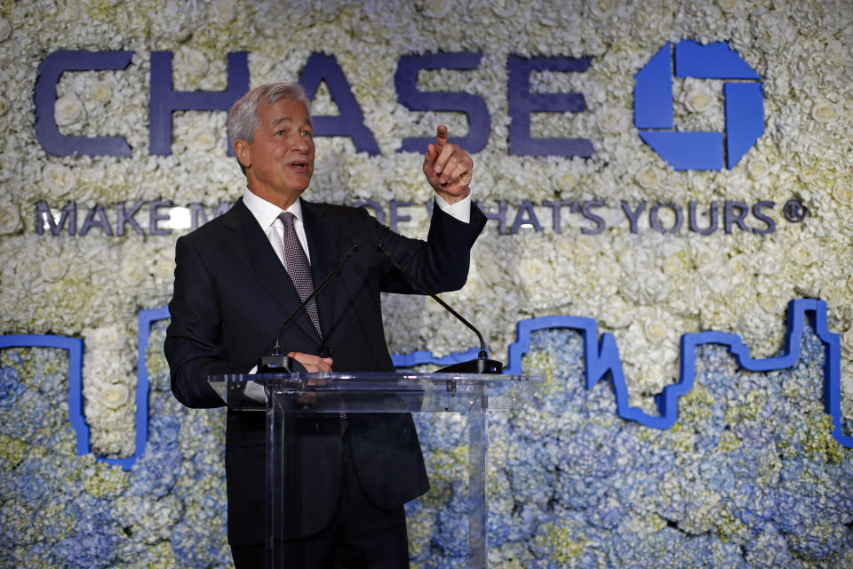 IMAGE DISTRIBUTED FOR JPMORGAN CHASE & CO-  Jamie Dimon, Chairman and CEO, JPMorgan Chase, speaks at the Chase NYC Flagship, Tuesday, June 25, 2019 in New York. (Adam Hunger/AP Images for JPMorgan Chase & Co.)