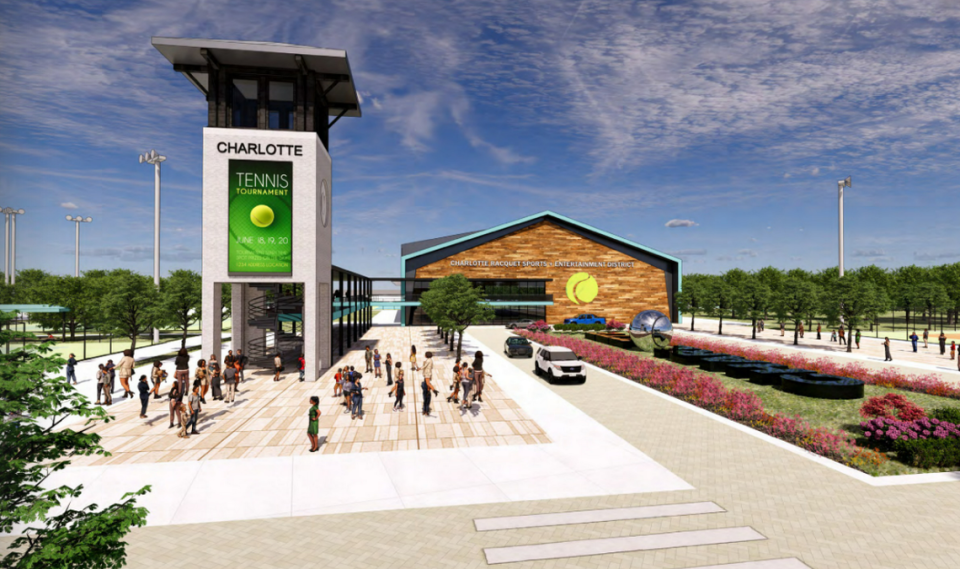 A rendering from Carolina Serves shows a proposed racket sports facility for Eastland Yards.