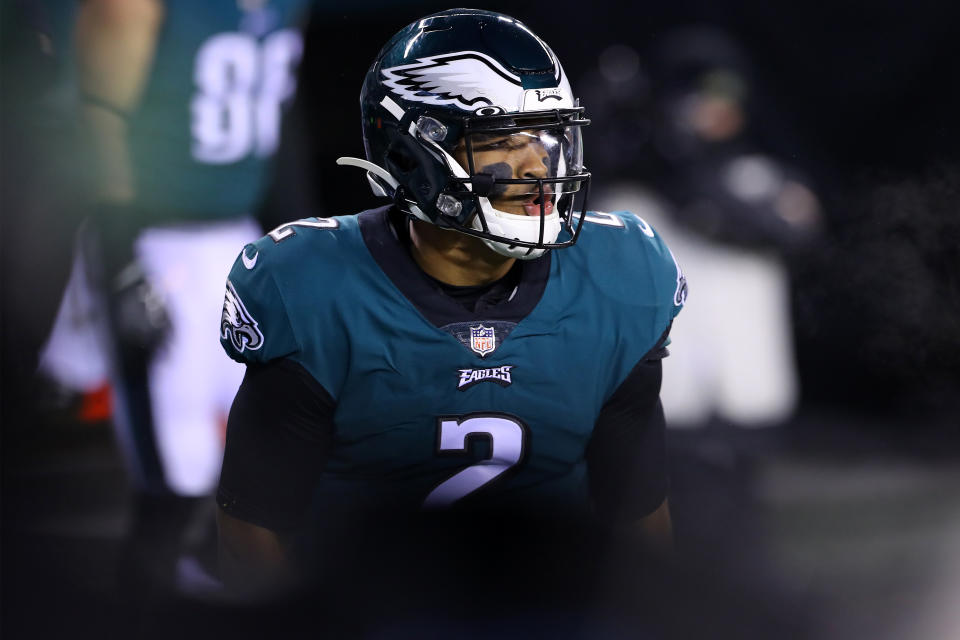 Eagles quarterback Jalen Hurts was pulled in the fourth quarter of a close game. (Photo by Mitchell Leff/Getty Images)