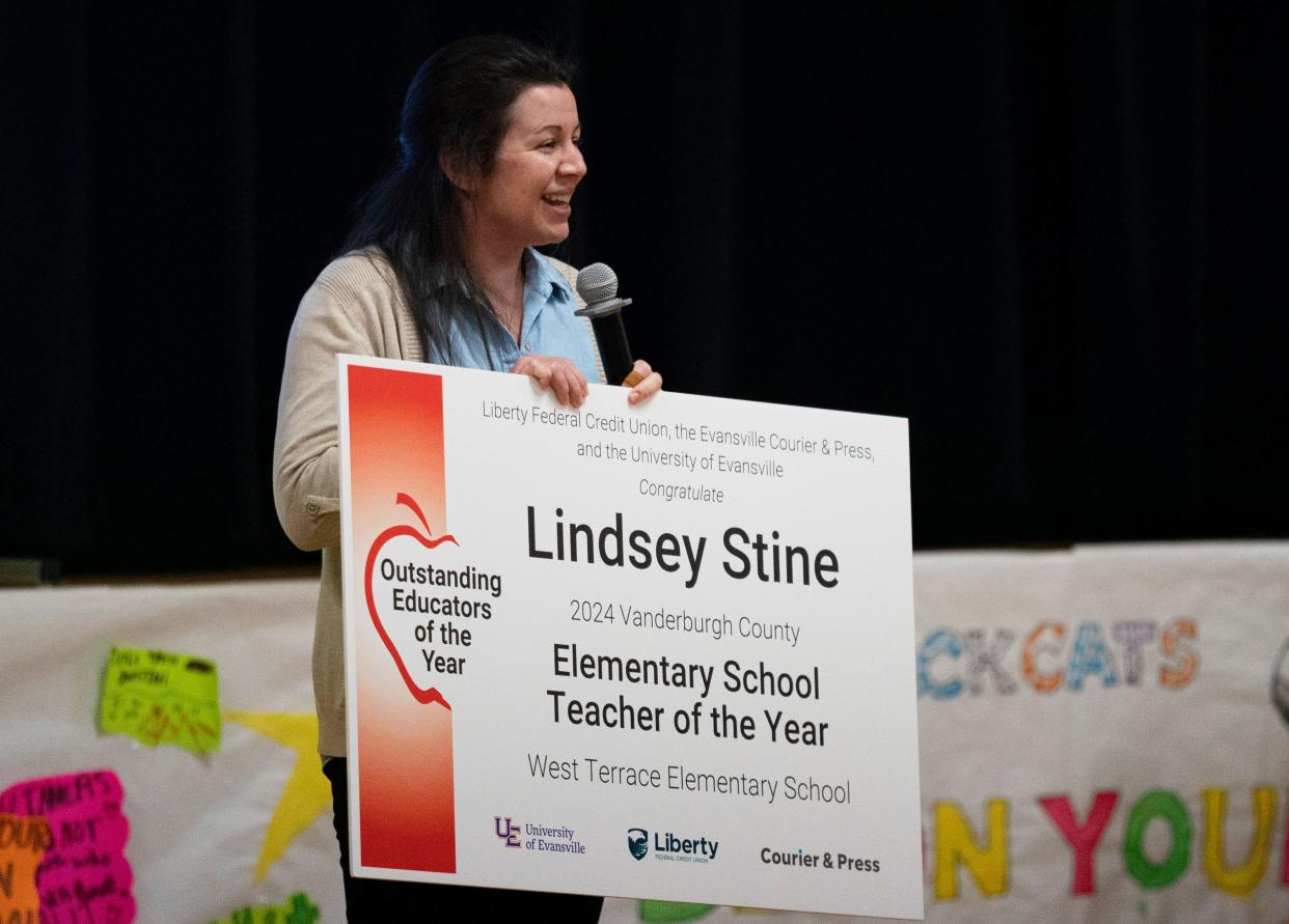 Lindsey Stine is honored as Vanderburgh County's 2024 Elementary School Teacher of the Year, part of the annual Outstanding Educators of the Year awards, at West Terrace School, Wednesday, April 10, 2024.
