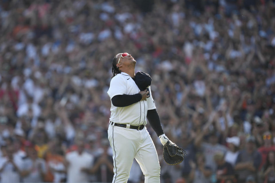 Detroit Tigers first baseman Miguel Cabrera reacts against the Cleveland Guardians in the eighth inning of a baseball game, Sunday, Oct. 1, 2023, in Detroit. Cabrera was pulled after making an unassisted fielding out and will retire after the game. (AP Photo/Paul Sancya)