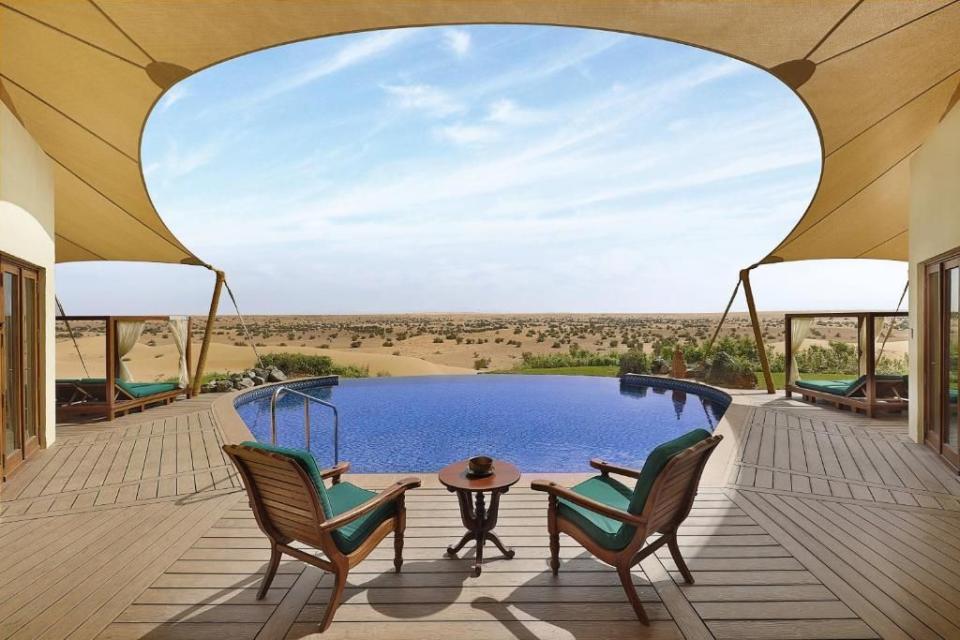 <p>The one thing about staying in the centre of Dubai, is that it's easy to forget you're in the desert. In order to go the full Lawrence of Arabia, head to the rippling red dunes of the desert and stay at the super-swish <a href="https://www.booking.com/hotel/ae/al-maha-a-luxury-collection-desert-resort-and-spa.en-gb.html?aid=2070929&label=best-hotels-dubai" rel="nofollow noopener" target="_blank" data-ylk="slk:Al Maha Desert Resort;elm:context_link;itc:0;sec:content-canvas" class="link ">Al Maha Desert Resort</a>. A 45-minute drive from Downtown Dubai, this heavenly boutique resort is surrounded by vast desert plains, a protected wildlife reserve and the Hjar Mountains. </p><p>There are 42 suites, all lavishly decorated with antiques and handcrafted Arabian rugs, as well as a private pools to cool off in. By day take nature walks, desert safaris or learn the art of falconry, then as the sun sets dine out in dunes in a traditional Bedouin tent with an Arabic souk and a bonfire.</p><p><a class="link " href="https://www.booking.com/hotel/ae/al-maha-a-luxury-collection-desert-resort-and-spa.en-gb.html?aid=2070929&label=best-hotels-dubai" rel="nofollow noopener" target="_blank" data-ylk="slk:CHECK AVAILABILITY;elm:context_link;itc:0;sec:content-canvas">CHECK AVAILABILITY</a></p>