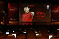 South Korean soccer player Lee Kang-in is seen on a screen during a press conference to announce the South Korean squad for the Qatar 2022 World Cup in Seoul, South Korea, Saturday, Nov. 12, 2022. (AP Photo/Ahn Young-joon)