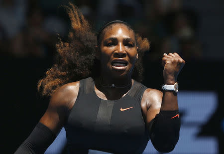 Tennis - Australian Open - Melbourne Park, Melbourne, Australia - 23/1/17 Serena Williams of the U.S. celebrates winning her Women's singles fourth round match against Czech Republic's Barbora Strycova. REUTERS/Thomas Peter