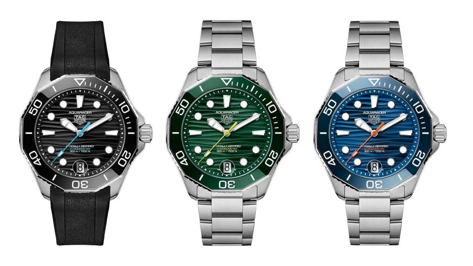 TAG HEUER Aquaracer Professional 300｜錶徑42mm／不鏽鋼材質／時、分、秒、日期指示／TH31-00自動上鍊機芯／動力儲存80小時／防水300米／定價NT$124,500（鍊帶）NT$117,800（橡膠帶）