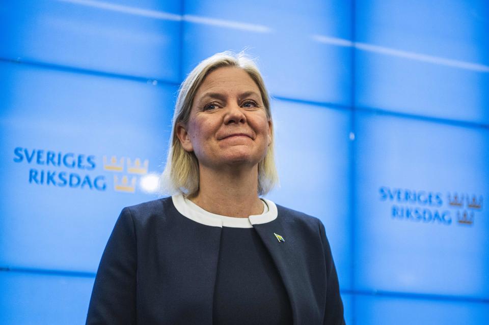 Swedish Prime Minister Magdalena Andersson speaks during a press conference after she presented her resignation to the speaker of the Swedish Parliament on Sept. 15. 