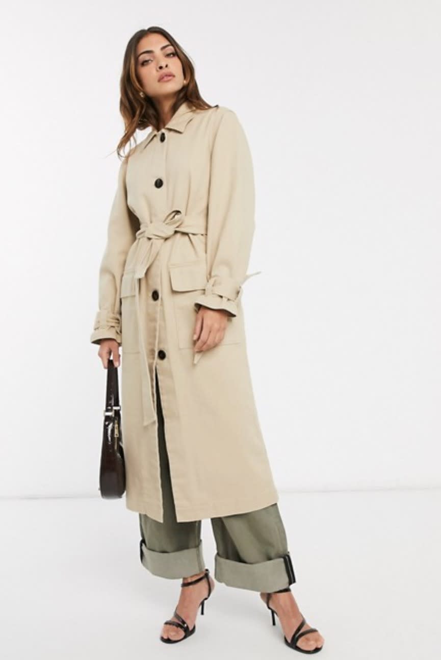 ASOS DESIGN denim trench coat with tie cuff detail (photo via ASOS) 