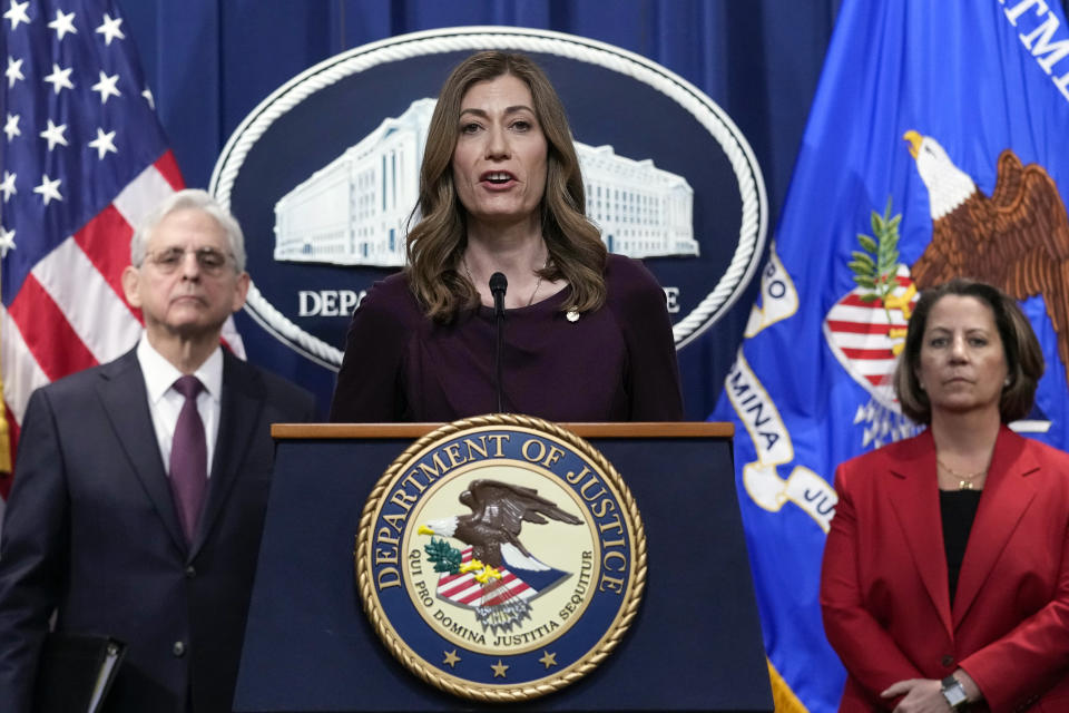FILE - DEA Administrator Anne Milgram, center, flanked by Attorney General Merrick Garland, left, and Deputy Attorney General Lisa Monaco, right, speaks during a news conference at the Justice Department in Washington, Friday, April 14, 2023. Prosecutors revealed in a recent indictment that while Sinaloa cartel boss Joaquín "El Chapo" Guzmán serves a life sentence, his sons have steered the family business into fentanyl, establishing a network of labs churning out massive quantities of the cheap, deadly drug that they smuggle into the U.S. (AP Photo/Susan Walsh, File)