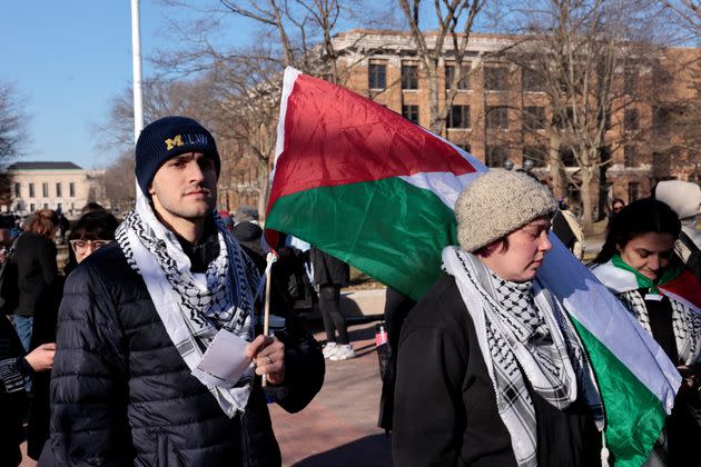 Pro-Palestine supporters calling for a cease-fire in Gaza attend a Listen to Michigan rally on the University of Michigan campus in Ann Arbor, Michigan, on Feb. 20.