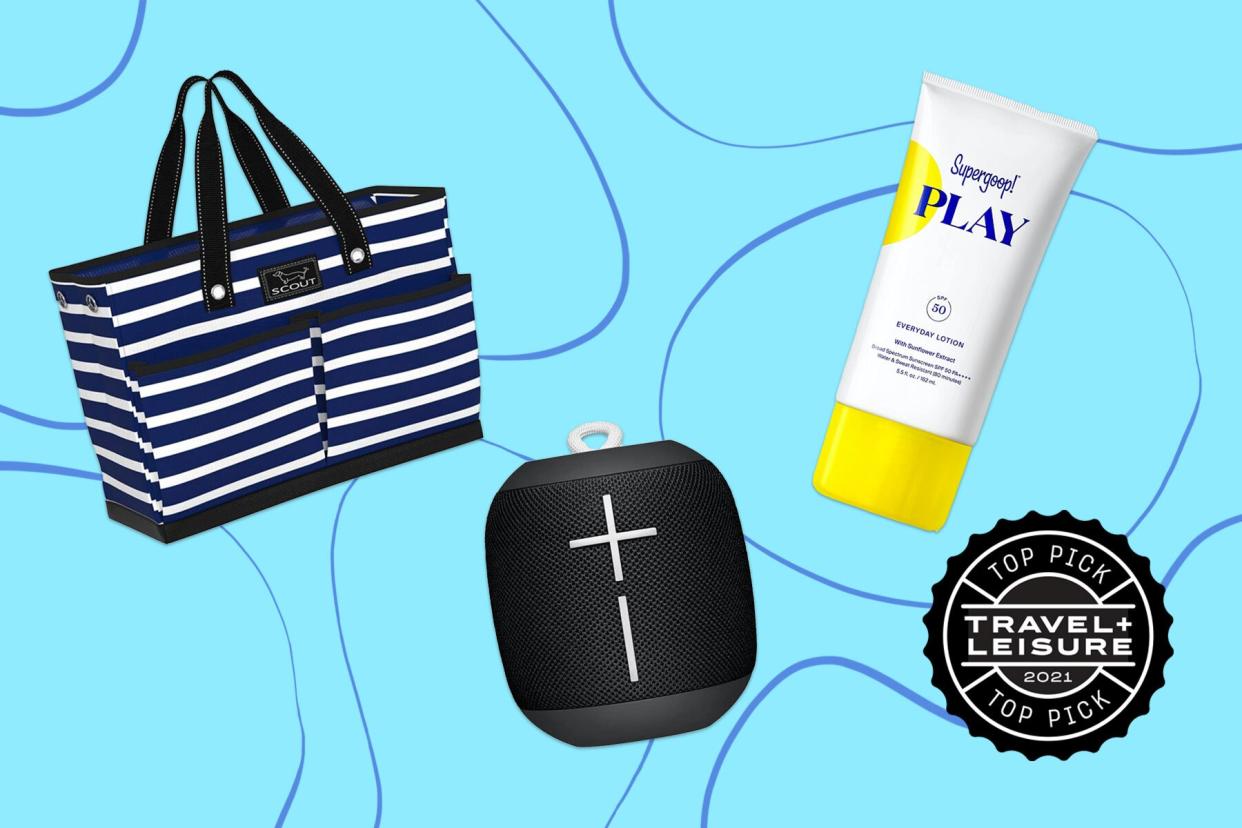 Beach tote, bluetooth speaker, and sunscreen