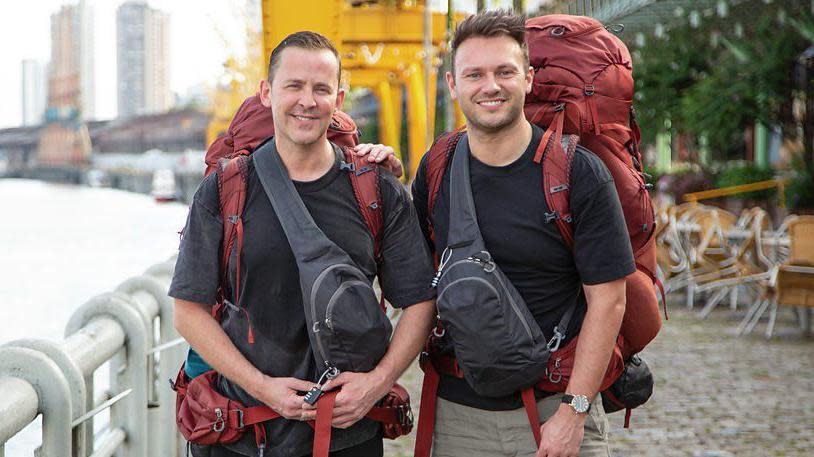 Scott and Sam with their rucksacks prepare to leave port city Belém, northern Brazil 