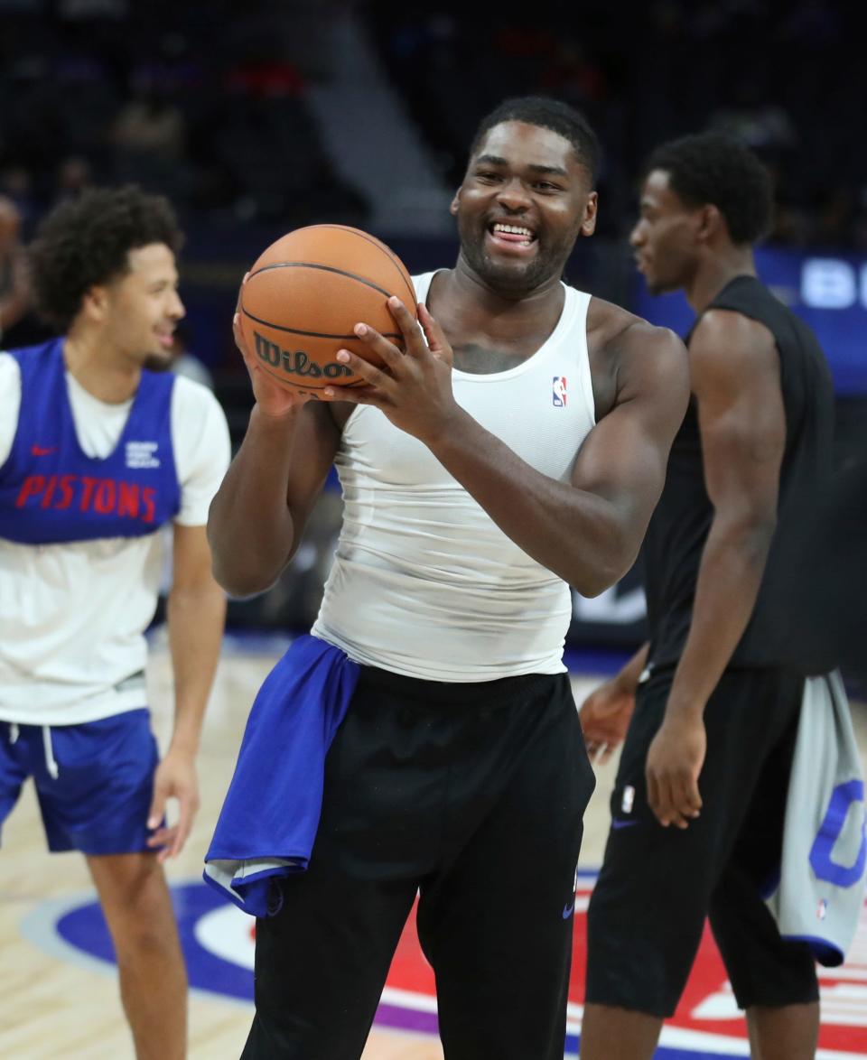 Detroit Pistons power forward/center Isaiah Stewart goes through shooting drills during open practice held for fans at Little Caesars Arena, Sunday, Oct. 15. 2023.