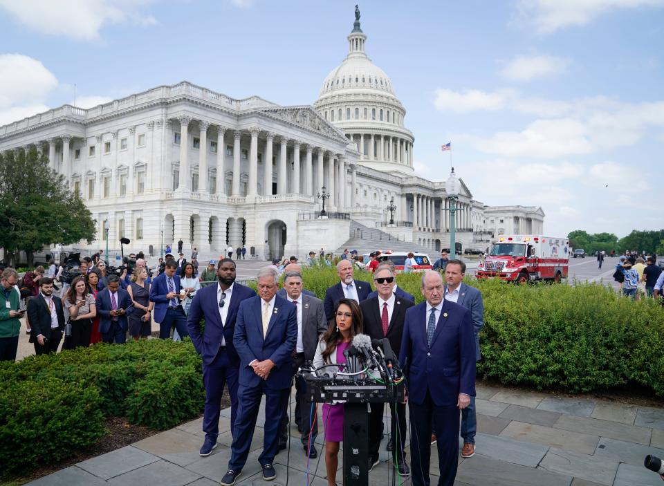 Lauren Boebert (R-Colo.) speaking with other Freedom Caucus members during a House Freedom Caucus press conference outside of the U.S. Capitol on Tuesday, May 30, 2023 opposing the current debt ceiling agreement negotiated by House Speaker Kevin McCarthy and President Joe Biden.