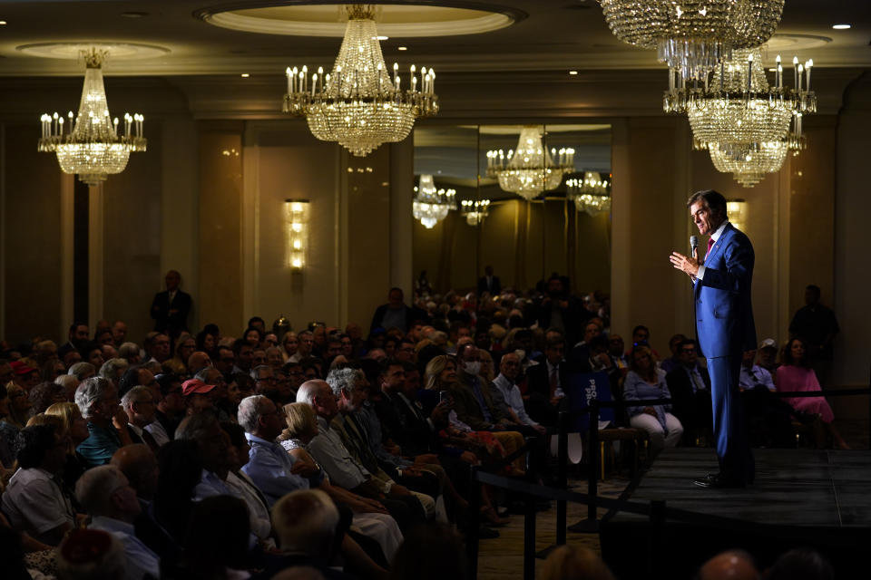 Mehmet Oz, a Republican candidate for U.S. Senate in Pennsylvania, speaks during a Republican Jewish Coalition event in Philadelphia, Wednesday, Aug. 17, 2022. (AP Photo/Matt Rourke)