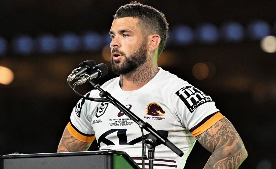 Adam Reynolds, pictured here delivering his runner-up speech after the NRL grand final.