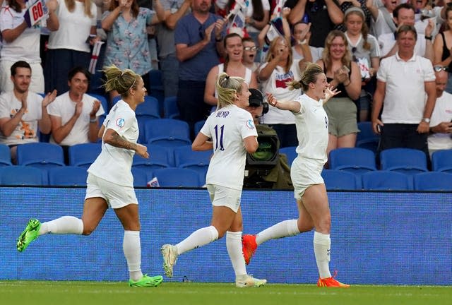 Ellen White (right) after scoring during the summer's Euros (Gareth Fuller/PA). 