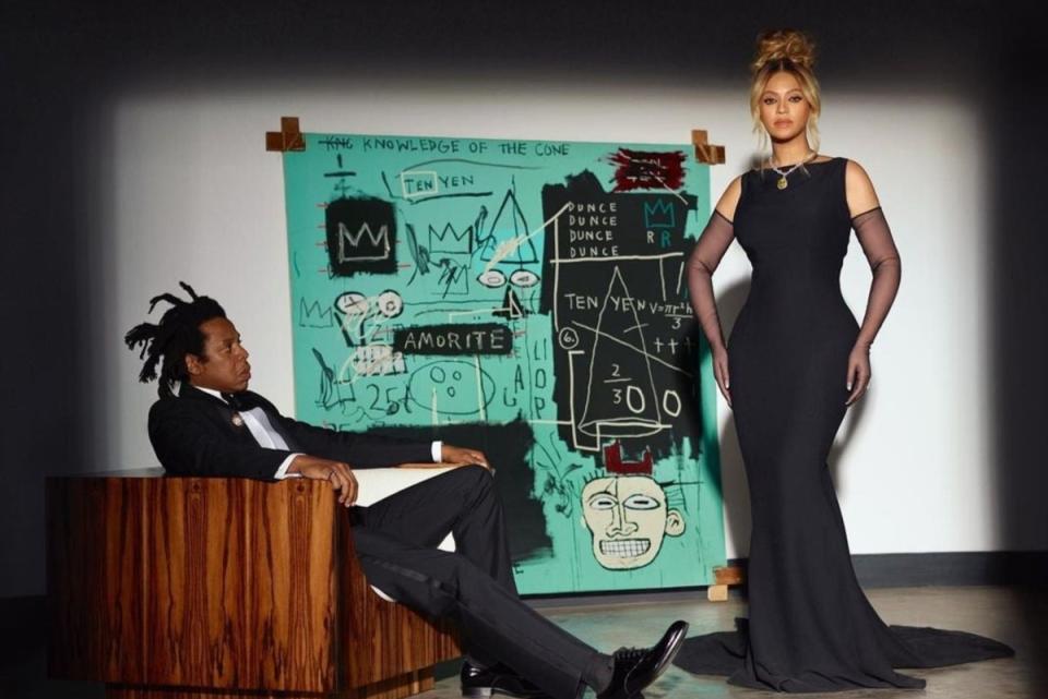 Beyoncé and Jay-Z, together for the first time in an ad campaign for Tiffany & Co., it’s fair to say there is a third star in the spots: a never-before-seen painting by Jean-Michel Basquiat in the jeweler’s signature robin egg blu (Beyonce/Instagram)