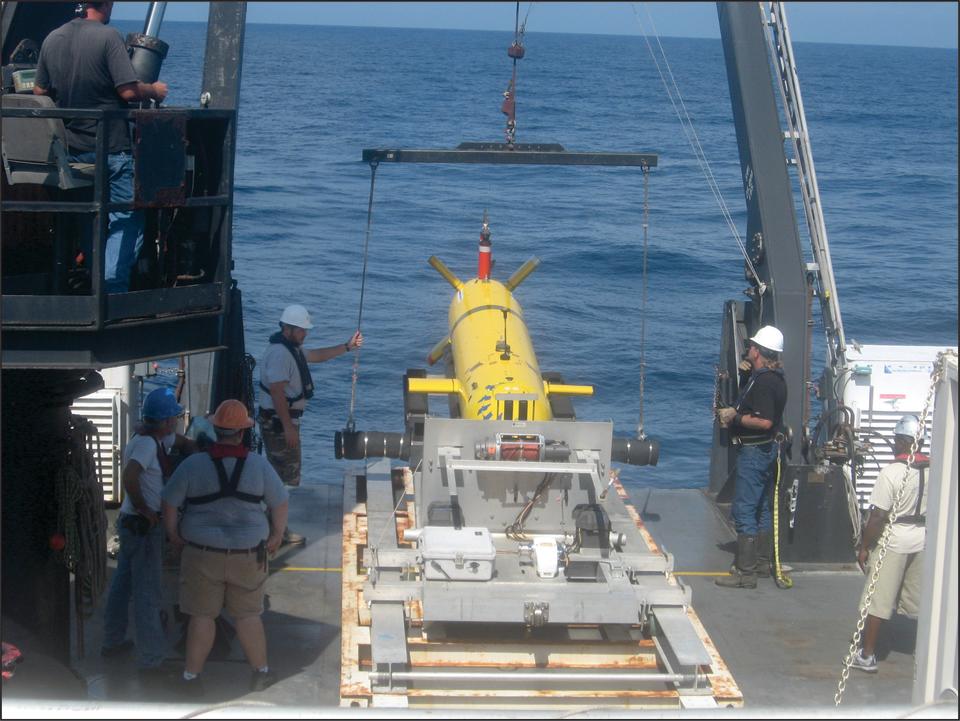 During the first expedition to search for SS Norlindo, scientists used autonomous underwater vehicle Eagle Ray to collect bathymetry and backscatter data to identify potential targets that may be the shipwreck. / Credit: Image courtesy of L. Macelloni via NOAA