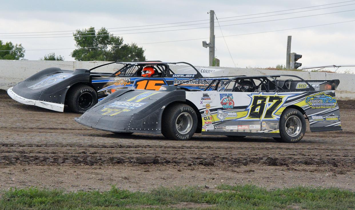 Watertown drivers Curt Kranz (87) and Trevor Walsh (15) compete in Gen X late model heat race on Sunday, Aug. 11, 2024 at Casino Speedway in Watertown.