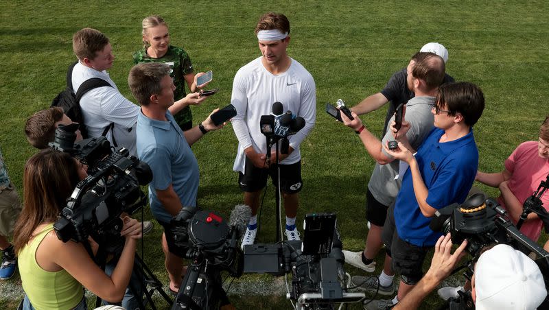 BYU Cougars football quarterback Kedon Slovis talks to journalists after practice at Brigham Young University in Provo on Tuesday, Aug. 1, 2023.
