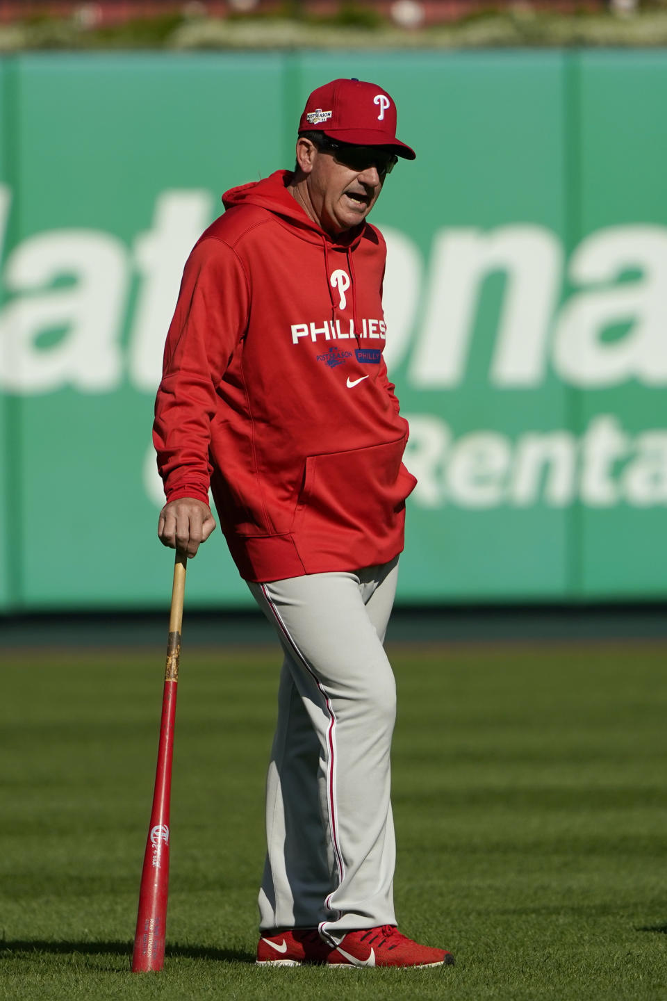 Philadelphia Phillies interim manager Rob Thomson watches during baseball practice Thursday, Oct. 6, 2022, in St. Louis. The Phillies and St. Louis Cardinals are set to play Game 1 of a National League Wild Card baseball playoff series on Friday in St. Louis. (AP Photo/Jeff Roberson)