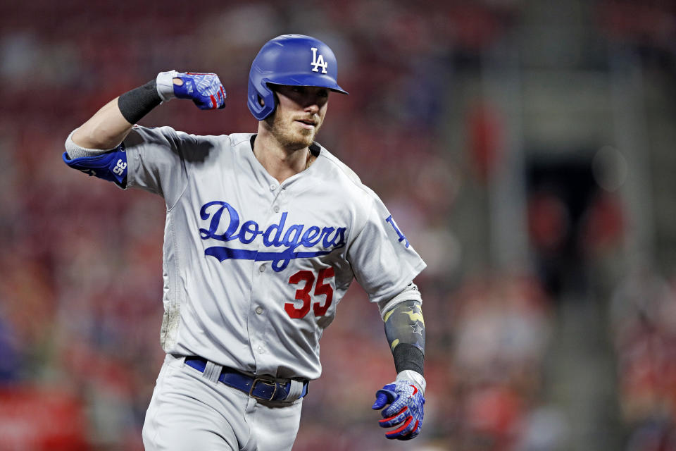 CINCINNATI, OH - MAY 17: Cody Bellinger #35 of the Los Angeles Dodgers reacts after hitting a solo home run in the eighth inning against the Cincinnati Reds at Great American Ball Park on May 17, 2019 in Cincinnati, Ohio. The Dodgers won 6-0. (Photo by Joe Robbins/Getty Images)