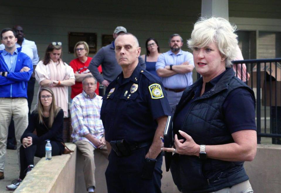 Assistant Police Chief Debra Kennedy, right, and Deputy Chief Clyde Dent, both from the Columbus Police Department, answer questions during a public meeting on March 2, 2023 to address crime in the community around Lakebottom Park in Columbus, Georgia. 03/02/2023