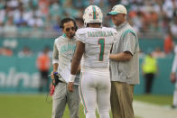 Miami Dolphins head coach Mike McDaniel talks to quarterback Tua Tagovailoa (1) during the first half of an NFL football game against the Houston Texans, Sunday, Nov. 27, 2022, in Miami Gardens, Fla. (AP Photo/Michael Laughlin)