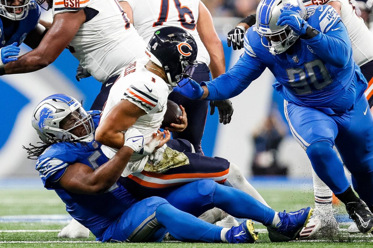 Detroit Lions defensive tackle Alim McNeill sacks Chicago Bears quarterback Justin Fields during the second half at Ford Field in Detroit on Sunday, Nov. 19, 2023.