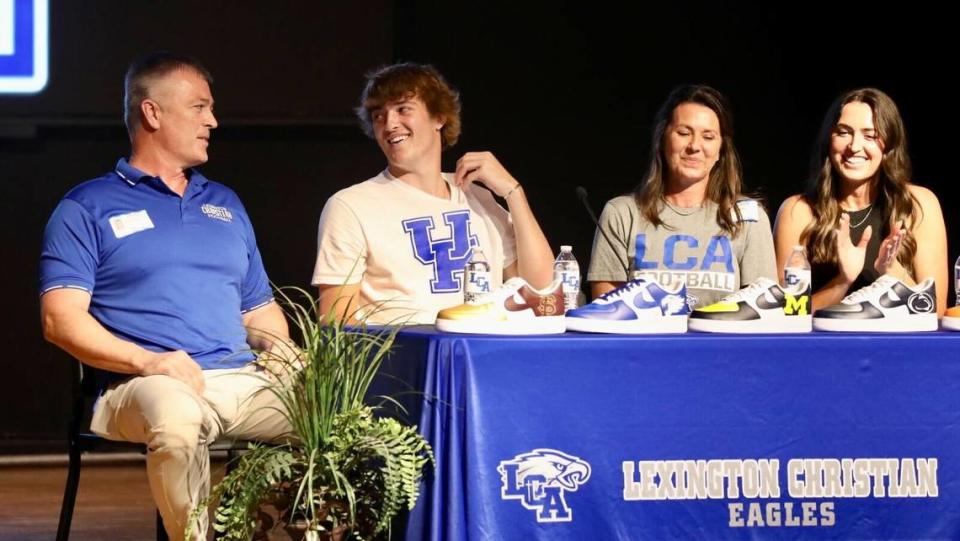 Lexington Christian Academy quarterback Cutter Boley, left, was joined by his parents and sister, Erin, right, for his commitment to play football at Kentucky.