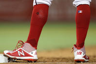 A detailed view of the New Balance baseball cleats of Adam Eaton #2 of the Washington Nationals against the Miami Marlins at Nationals Park on July 02, 2019 in Washington, DC. The '45' on Eaton's shoes paid tribute to pitcher Tyler Skaggs of the Los Angeles Angels who was found found dead on July 1, 2019. (Photo by Patrick Smith/Getty Images)