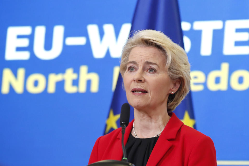 European Commission President Ursula von der Leyen speaks to the media during a joint news conference with North Macedonia's Prime Minister Dimitar Kovacevski, at the Government building in Skopje, North Macedonia, on Monday, Oct. 30, 2023. The President of the European Commission, Ursula von der Leyen started her four-day visit to the Western Balkans in North Macedonia, a tour that includes Kosovo, Montenegro, Serbia, and Bosnia and Herzegovina. (AP Photo/Boris Grdanoski)