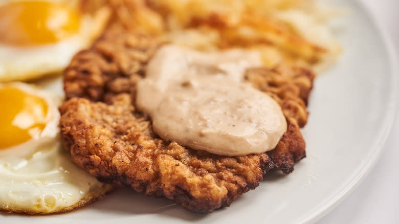 Close-up of chicken fried steak and gravy