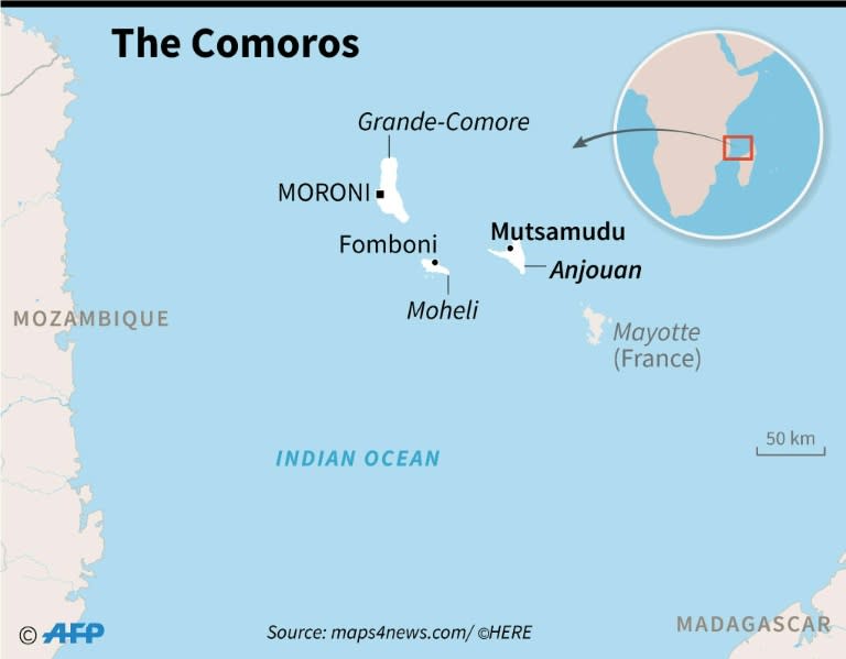 Map of the Comoros archipelago, showing the position of Mutsamudu, scene of days of clashes between rebels and security forces