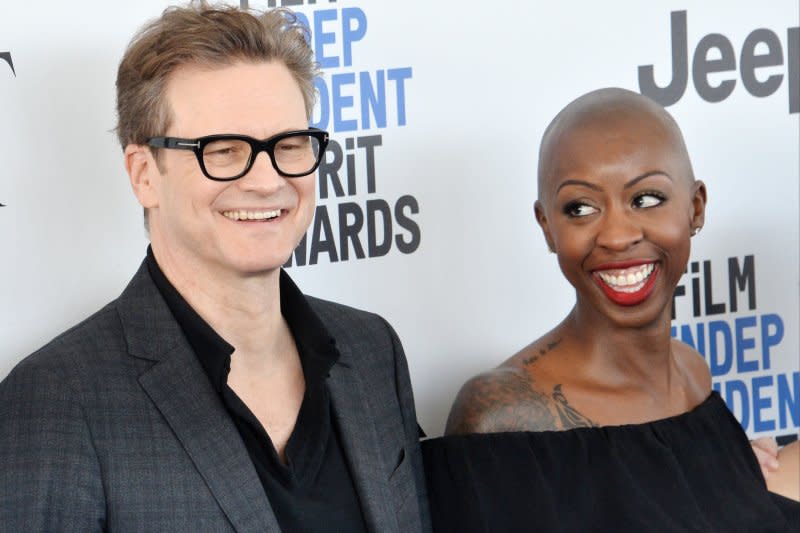 Left to right, Colin Firth and producer Oge Egbuonu attend the 32nd annual Film Independent Spirit Awards in Santa Monica, Calif., in 2017. File Photo by Jim Ruymen/UPI