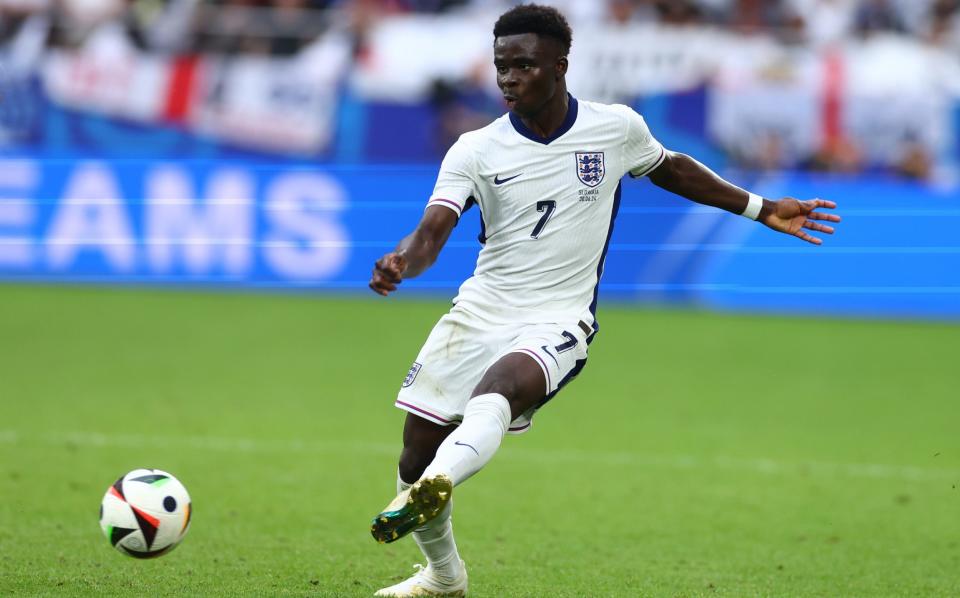 Bukayo Saka of England in action during the UEFA EURO 2024 round of 16 match between England and Slovakia at Arena AufSchalke on June 30, 2024 in Gelsenkirchen, Germany