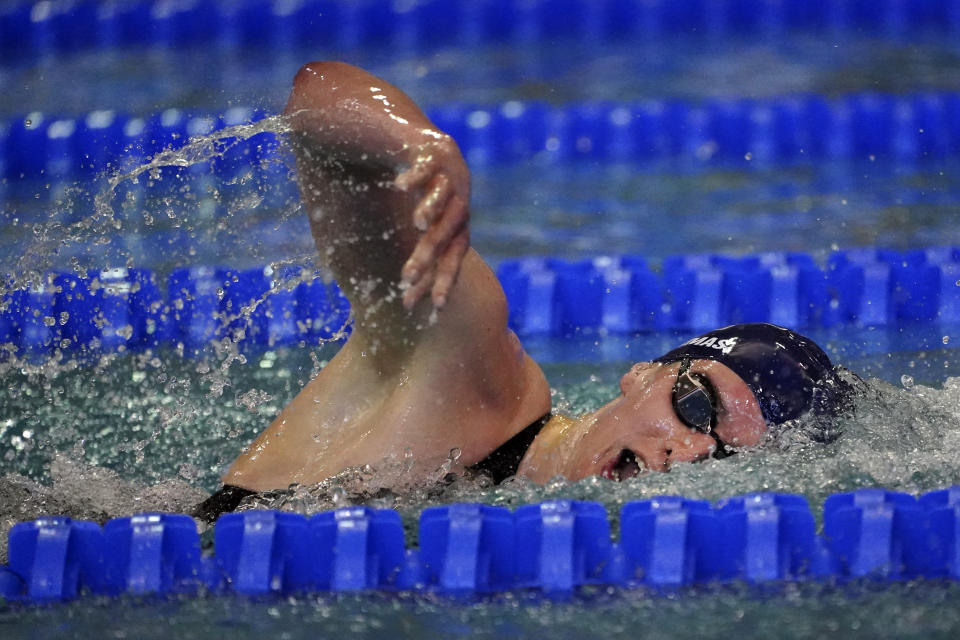 University of Pennsylvania transgender athlete Lia Thomas swims in a preliminary heat for the 500-yard freestyle at the NCAA Swimming and Diving Championships Thursday, March 17, 2022, at Georgia Tech in Atlanta. (AP Photo/John Bazemore)(AP Photo/John Bazemore)