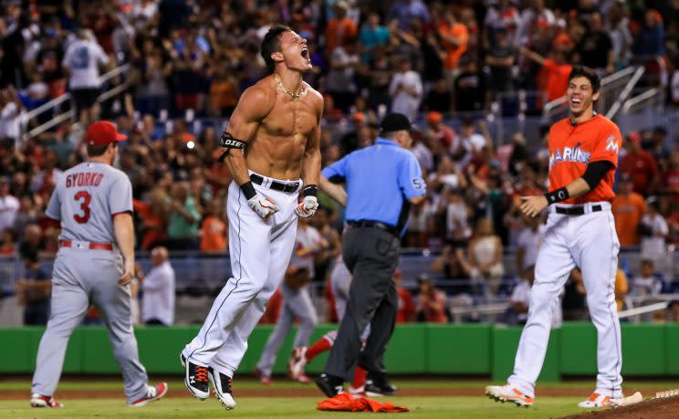 Derek Dietrich enjoyed his walk-off celebration. (Getty Images/Rob Foldy)