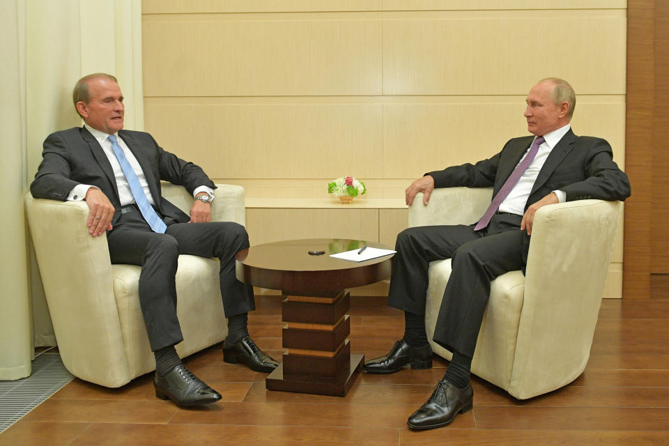 Viktor Medvedchuk meeting Putin near Moscow in October 2020<span class="copyright">Alexei Druzhinin—TASS/Getty Images</span>