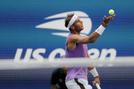 Rafael Nadal, of Spain, serves to Hyeon Chung, of South Korea, during round three of the US Open tennis championships Saturday, Aug. 31, 2019, in New York. (AP Photo/Eduardo Munoz Alvarez)