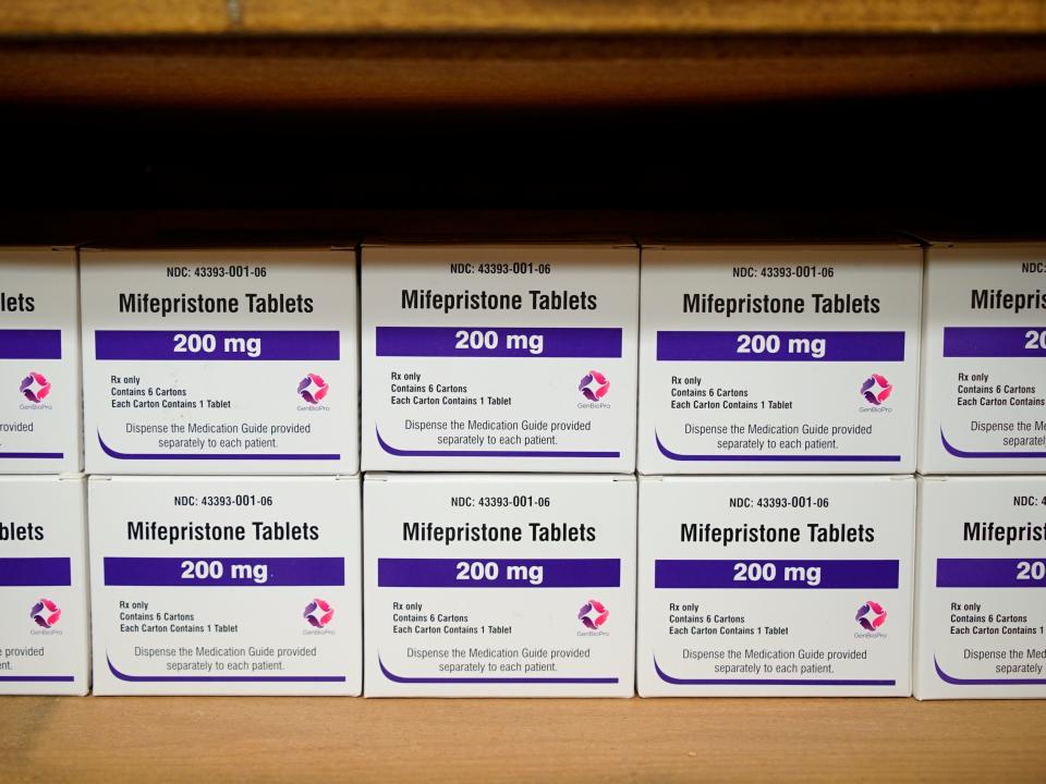 Boxes of the drug mifepristone line a shelf at the West Alabama Women's Center in Tuscaloosa, Ala., on Wednesday, March 16, 2022.