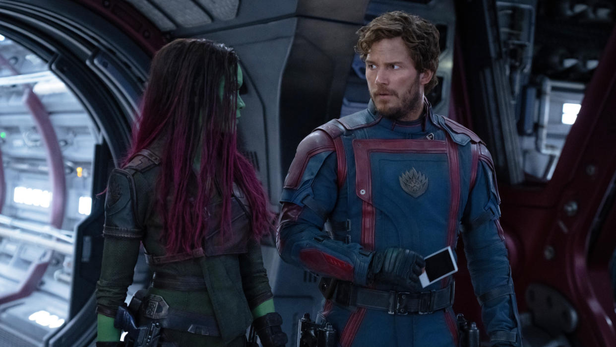  Zoe Saldana as Gamora and Chris Pratt as Peter Quill/Star-Lord in Marvel Studios' Guardians of the Galaxy Vol. 3.  